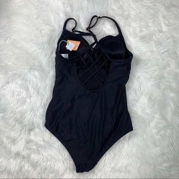 Kona Sol Black One-Piece Swimsuit Size Small Strappy Back V-Neck Ruched - Picture 2 of 6